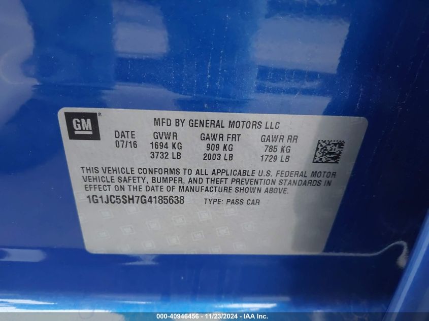 2016 Chevrolet Sonic Lt Auto VIN: 1G1JC5SH7G4185639 Lot: 40946456