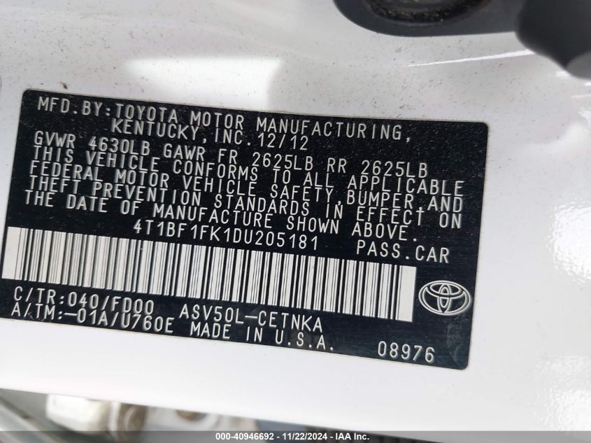 VIN 4T1BF1FK1DU205181 2013 Toyota Camry, LE no.9