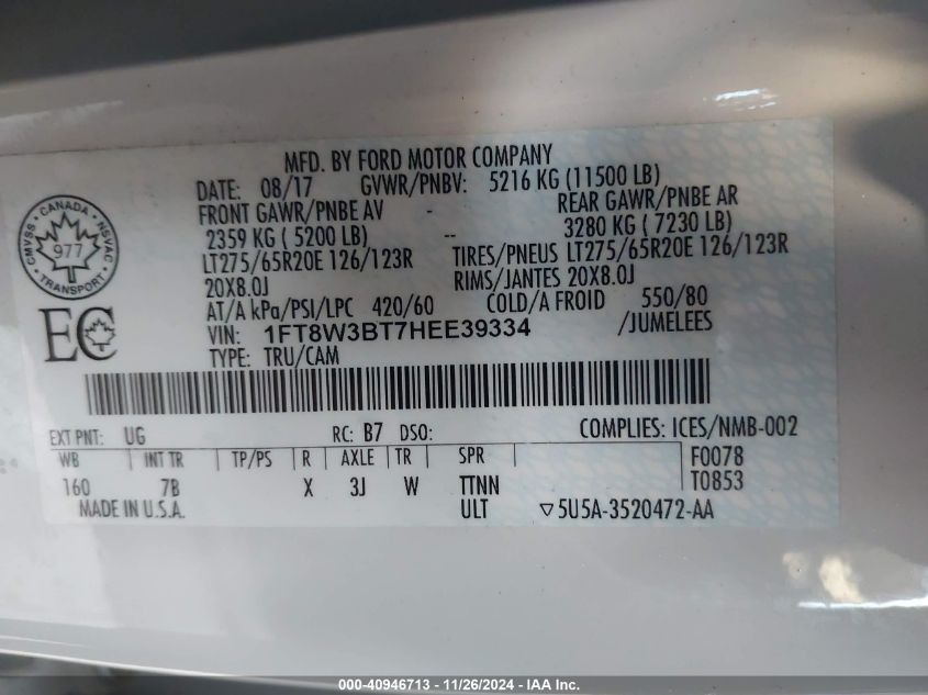 2017 Ford F-350 Platinum VIN: 1FT8W3BT7HEE39334 Lot: 40946713