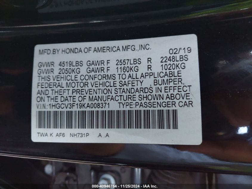 VIN 1HGCV3F19KA008371 2019 Honda Accord, Hybrid no.9