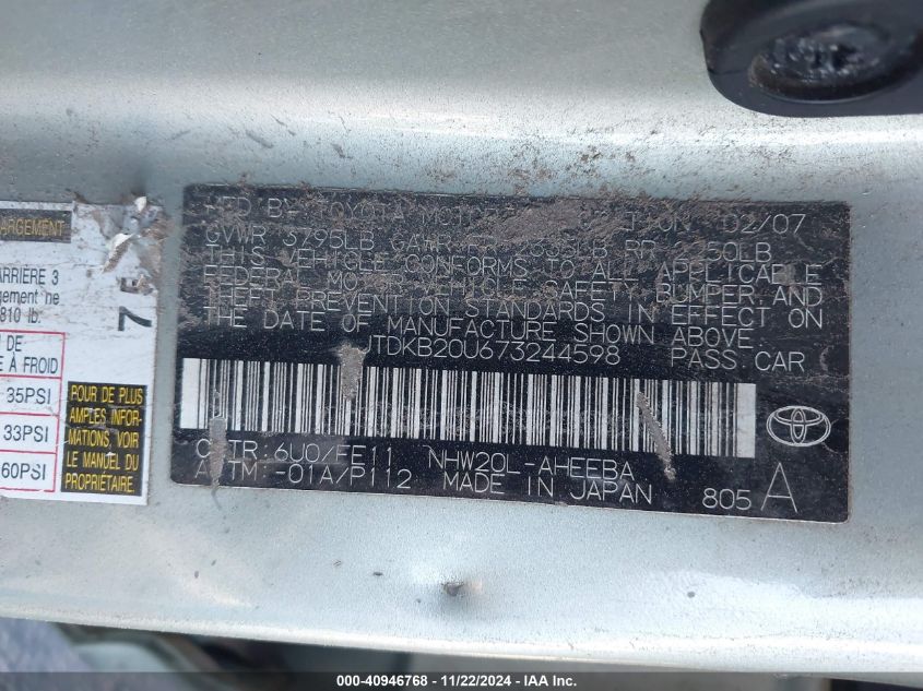 2007 TOYOTA PRIUS VIN: JTDKB20U673244598