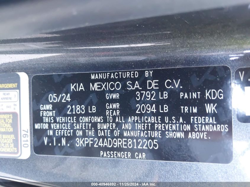 2024 Kia Forte Lxs VIN: 3KPF24AD9RE812205 Lot: 40946892