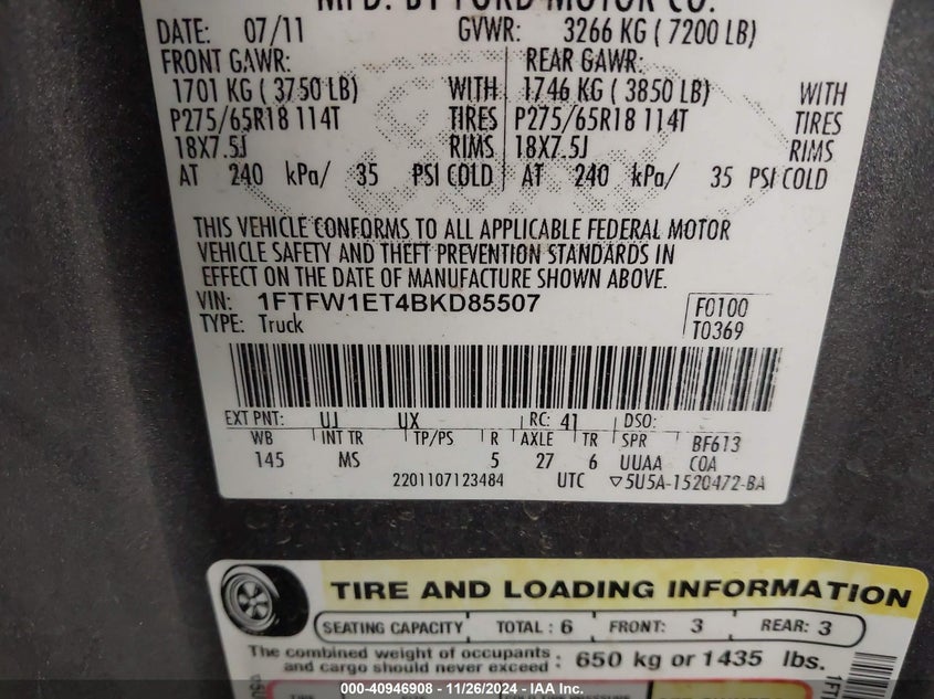2011 FORD F-150 VIN: 1FTFW1ET4BKD85507