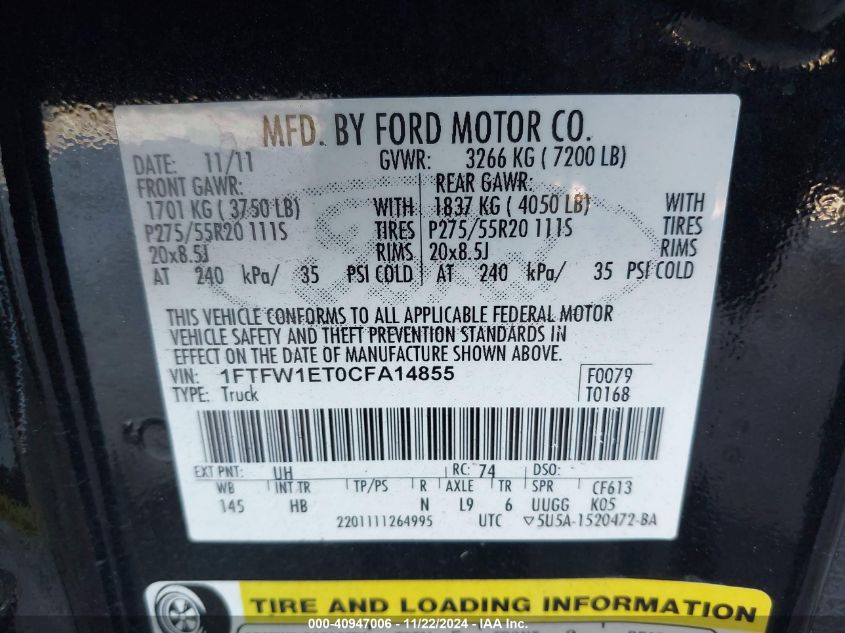 2012 Ford F-150 Lariat VIN: 1FTFW1ET0CFA14855 Lot: 40947006