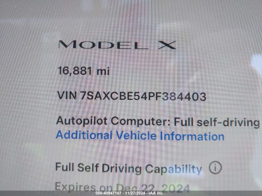 2023 Tesla Model X Dual Motor All-Wheel Drive/Standard Range VIN: 7SAXCBE54PF384403 Lot: 40947187