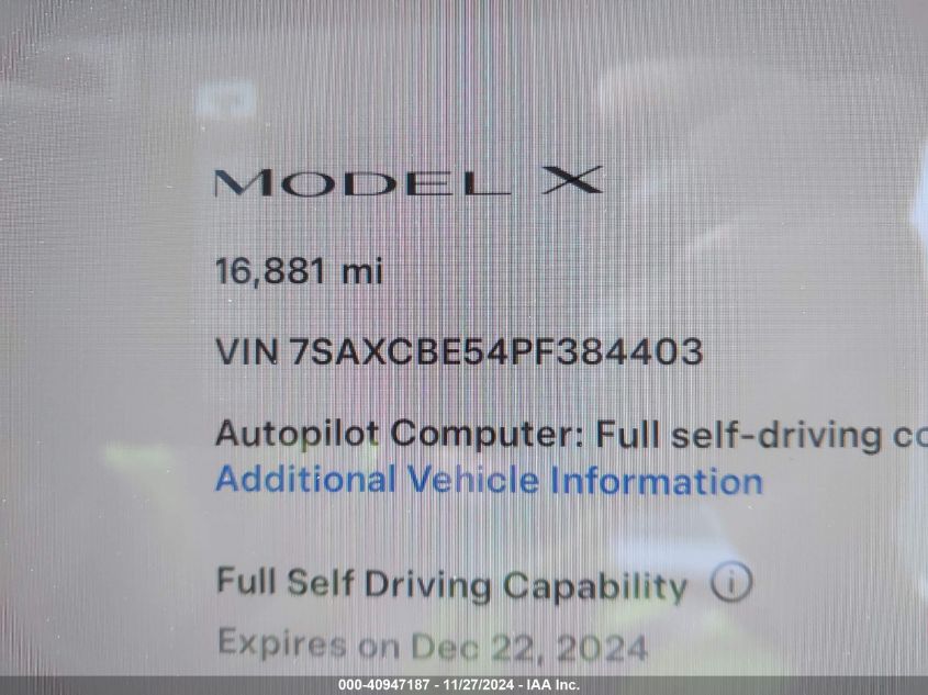 2023 Tesla Model X Dual Motor All-Wheel Drive/Standard Range VIN: 7SAXCBE54PF384403 Lot: 40947187