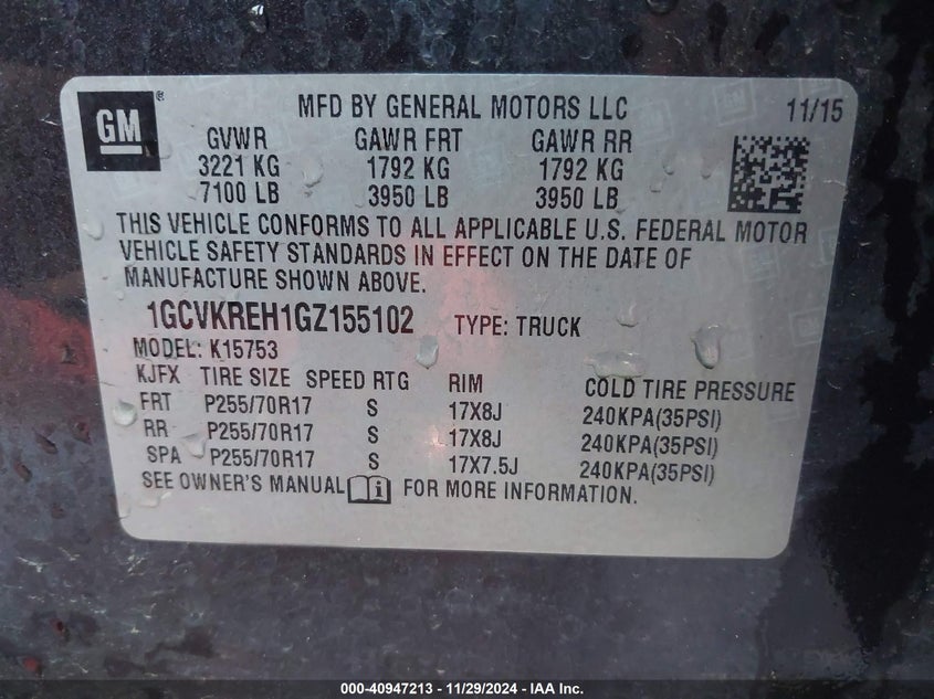 2016 CHEVROLET SILVERADO VIN: 1GCVKREH1GZ155102