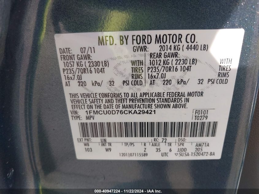 2012 Ford Escape Xlt VIN: 1FMCU0D76CKA29421 Lot: 40947224