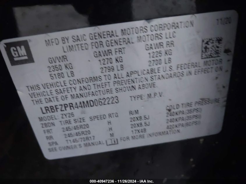 VIN LRBFZPR44MD062223 2021 Buick Envision, Awd Essence no.9