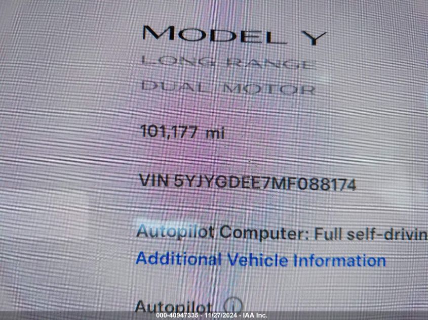 2021 Tesla Model Y Long Range Dual Motor All-Wheel Drive VIN: 5YJYGDEE7MF088174 Lot: 40947335