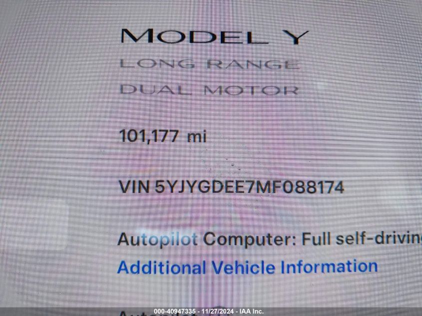 2021 Tesla Model Y Long Range Dual Motor All-Wheel Drive VIN: 5YJYGDEE7MF088174 Lot: 40947335