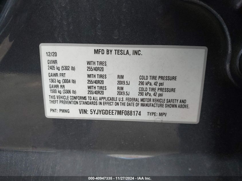 2021 Tesla Model Y Long Range Dual Motor All-Wheel Drive VIN: 5YJYGDEE7MF088174 Lot: 40947335