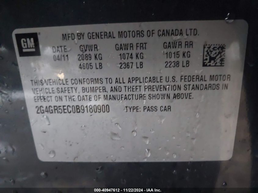 2011 Buick Regal Cxl Oshawa VIN: 2G4GR5EC0B9180900 Lot: 40947612