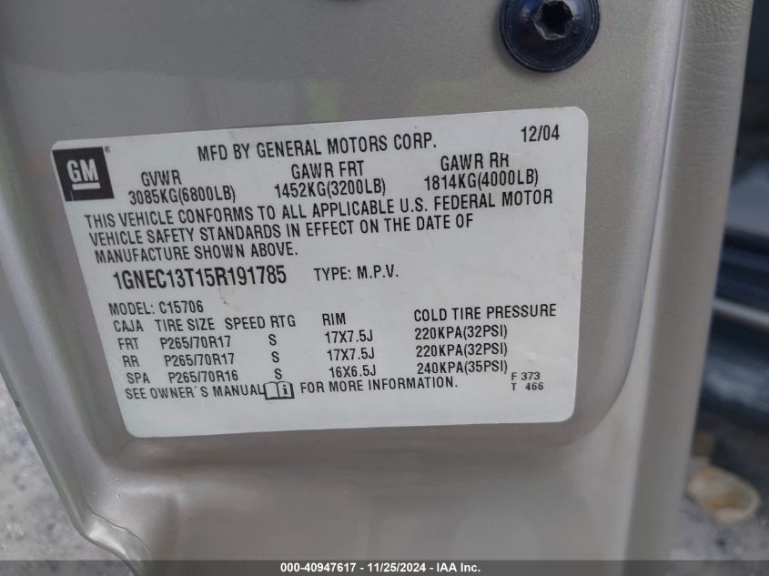 2005 Chevrolet Tahoe Lt VIN: 1GNEC13T15R191785 Lot: 40947617