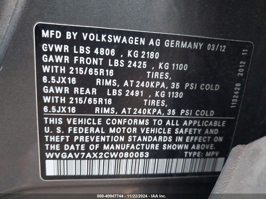 2012 Volkswagen Tiguan Le VIN: WVGAV7AX2CW080053 Lot: 40947744