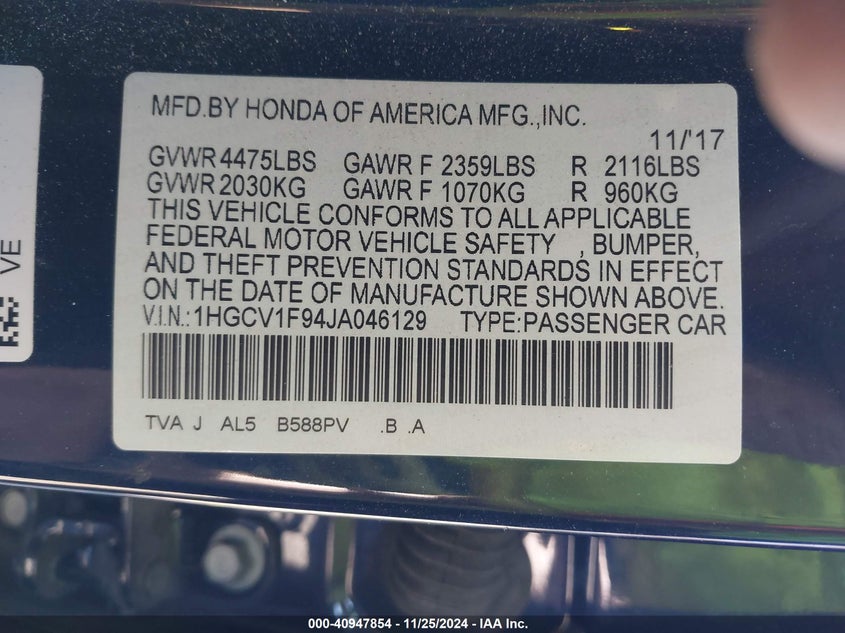 2018 HONDA ACCORD VIN: 1HGCV1F94JA046129