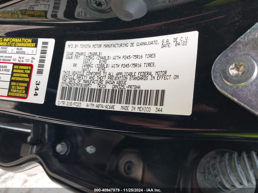 2022 TOYOTA TACOMA VIN: 3TYAZ5CN7NT018857