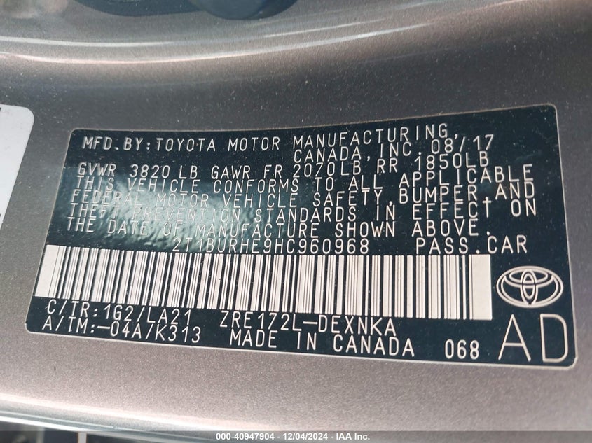 2017 TOYOTA COROLLA XLE - 2T1BURHE9HC960968