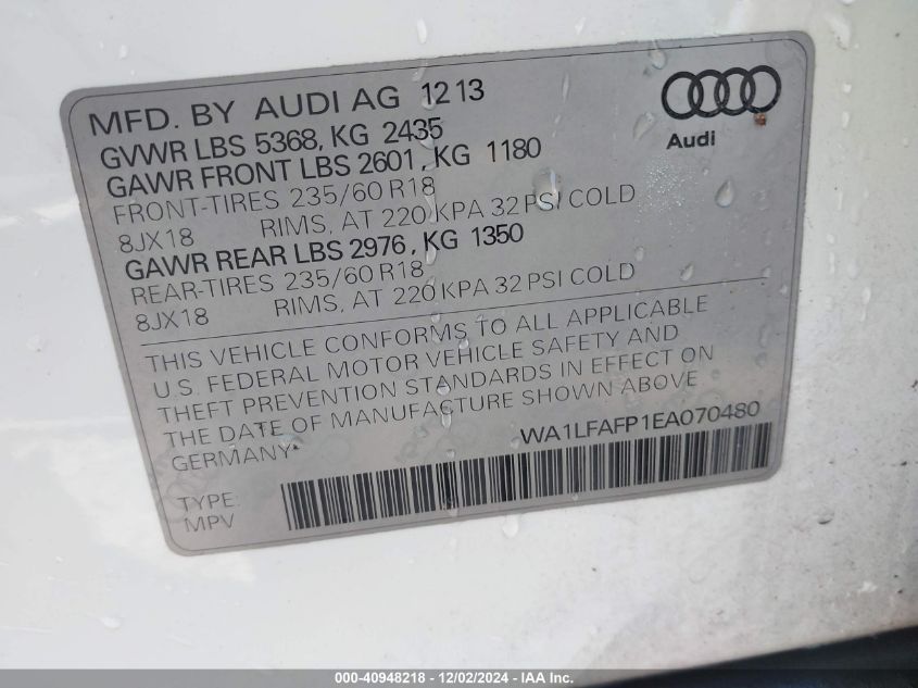 2014 Audi Q5 2.0T Premium VIN: WA1LFAFP1EA070480 Lot: 40948218