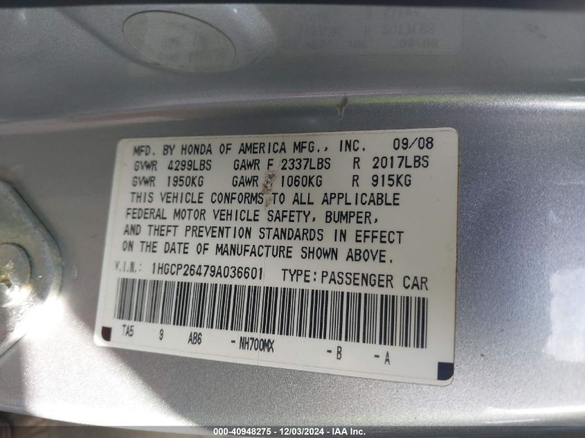 2009 Honda Accord 2.4 Lx-P VIN: 1HGCP26479A036601 Lot: 40948275