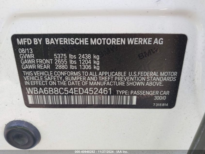 VIN WBA6B8C54ED452461 2014 BMW 640i Gran Coupe, Xdrive no.9