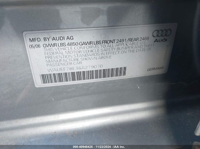 2006 Audi A4 2.0T VIN: WAUEF78E36A279070 Lot: 40948425