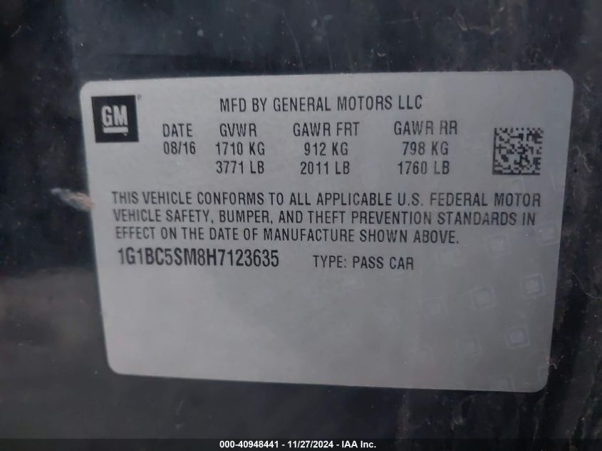 2017 Chevrolet Cruze Ls Auto VIN: 1G1BC5SM8H7123635 Lot: 40948441