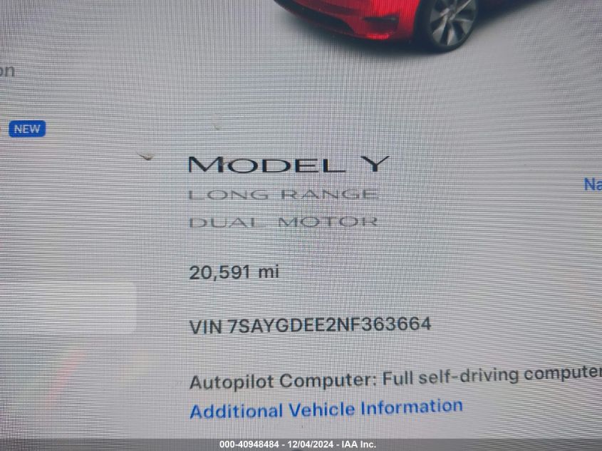 VIN 7SAYGDEE2NF363664 2022 Tesla Model Y, Long Rang... no.15