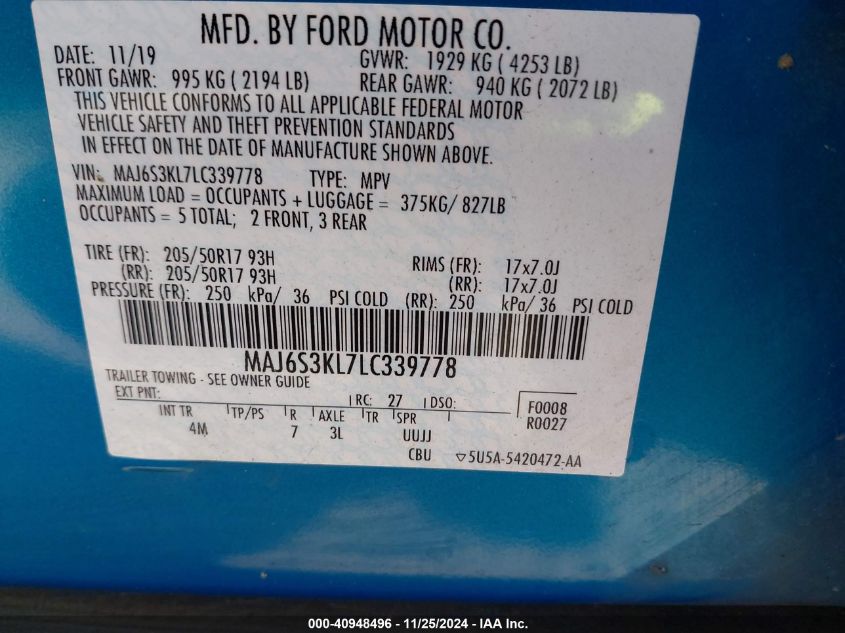 2020 Ford Ecosport Titanium VIN: MAJ6S3KL7LC339778 Lot: 40948496