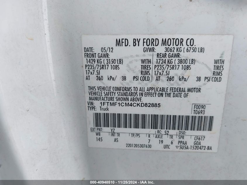 2012 Ford F-150 Xl VIN: 1FTMF1CM4CKD82885 Lot: 40948510