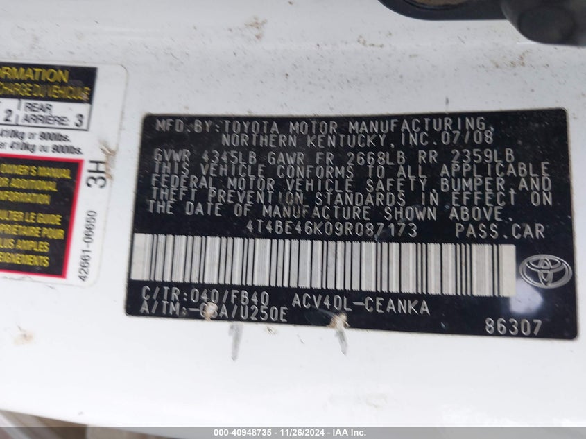 2009 Toyota Camry Le VIN: 4T4BE46K09R087173 Lot: 40948735