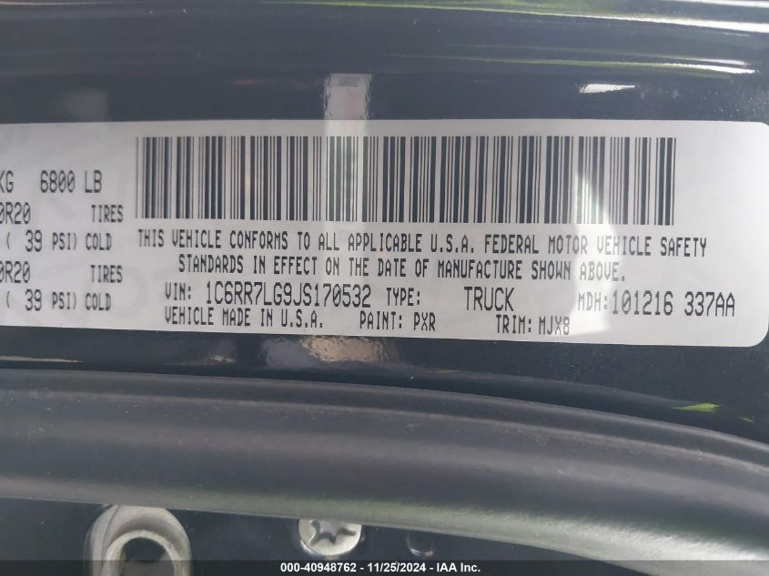 VIN 1C6RR7LG9JS170532 2018 RAM 1500, Big Horn  4X4... no.9