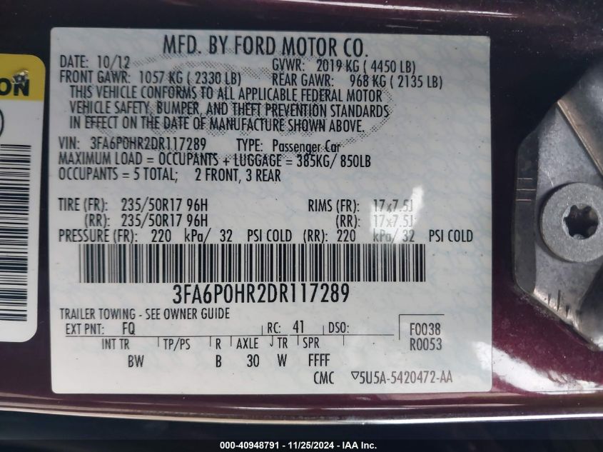 VIN 3FA6P0HR2DR117289 2013 Ford Fusion, SE no.9