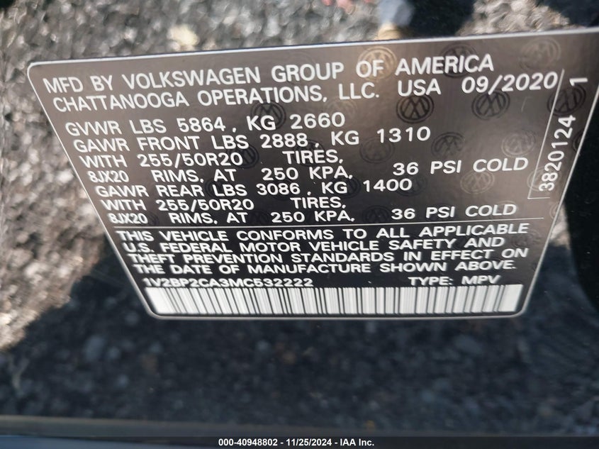 VIN 1V2BP2CA3MC532222 2021 VOLKSWAGEN ATLAS 2.0T SEL