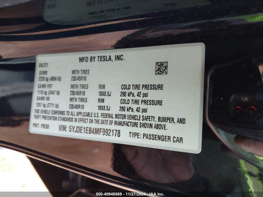 VIN 5YJ3E1EB4MF992178 2021 Tesla Model 3, Long Rang... no.9