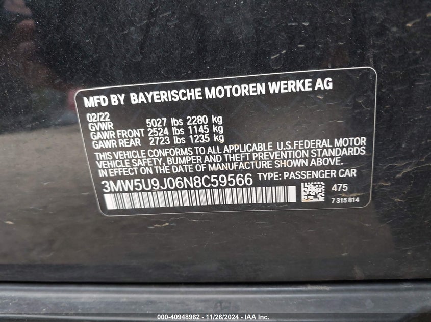 2022 BMW 3 SERIES VIN: 3MW5U9J06N8C59566
