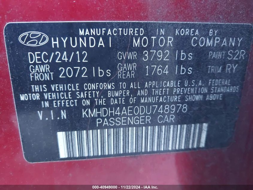 2013 Hyundai Elantra Limited VIN: KMHDH4AE0DU748978 Lot: 40949000