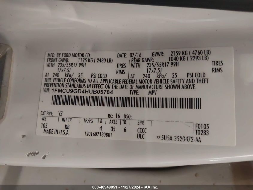 2017 Ford Escape Se VIN: 1FMCU9GD4HUB05784 Lot: 40949051