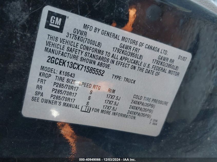 2007 Chevrolet Silverado 1500 Work Truck VIN: 2GCEK13CX71585552 Lot: 40949066