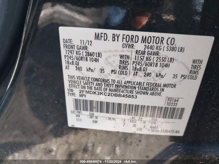 VIN 2FMDK3KC2DBB45853 2013 Ford Edge, Limited no.9