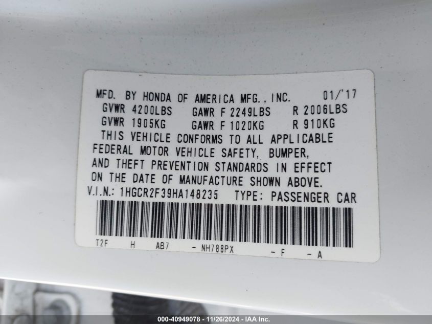 VIN 1HGCR2F39HA148235 2017 Honda Accord, LX no.9