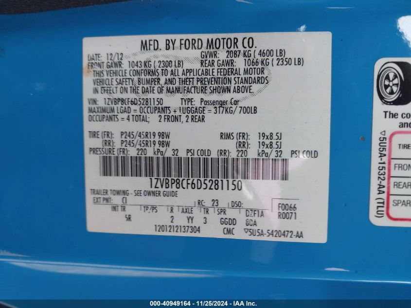 2013 Ford Mustang Gt Premium VIN: 1ZVBP8CF6D5281150 Lot: 40949164