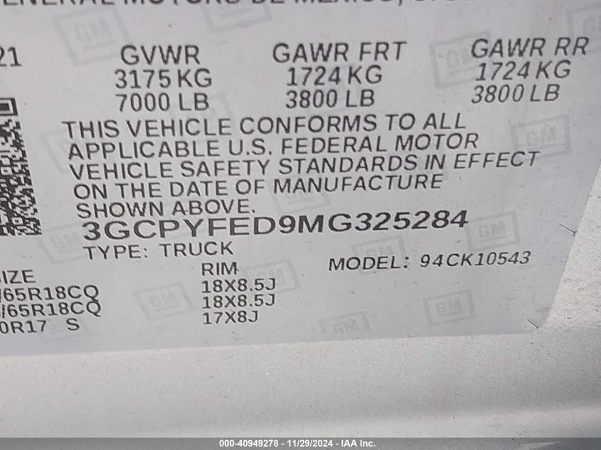 VIN 3GCPYFED9MG325284 2021 Chevrolet Silverado 1500... no.9