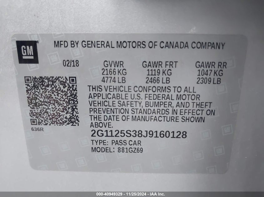 2018 CHEVROLET IMPALA 2LZ - 2G1125S38J9160128