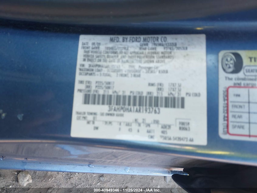 2010 FORD FUSION VIN: 3FAHP0HA1AR193763
