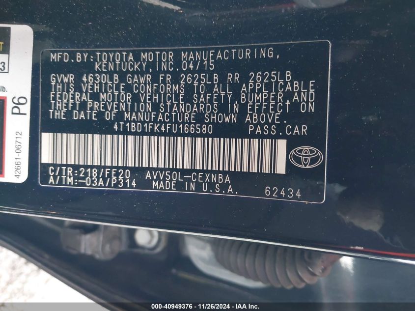 VIN 4T1BD1FK4FU166580 2015 Toyota Camry, Hybrid LE no.9