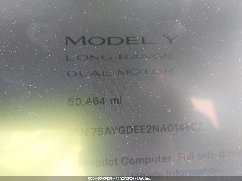 2022 Tesla Model Y Long Range Dual Motor All-Wheel Drive VIN: 7SAYGDEE2NA014887 Lot: 40949420