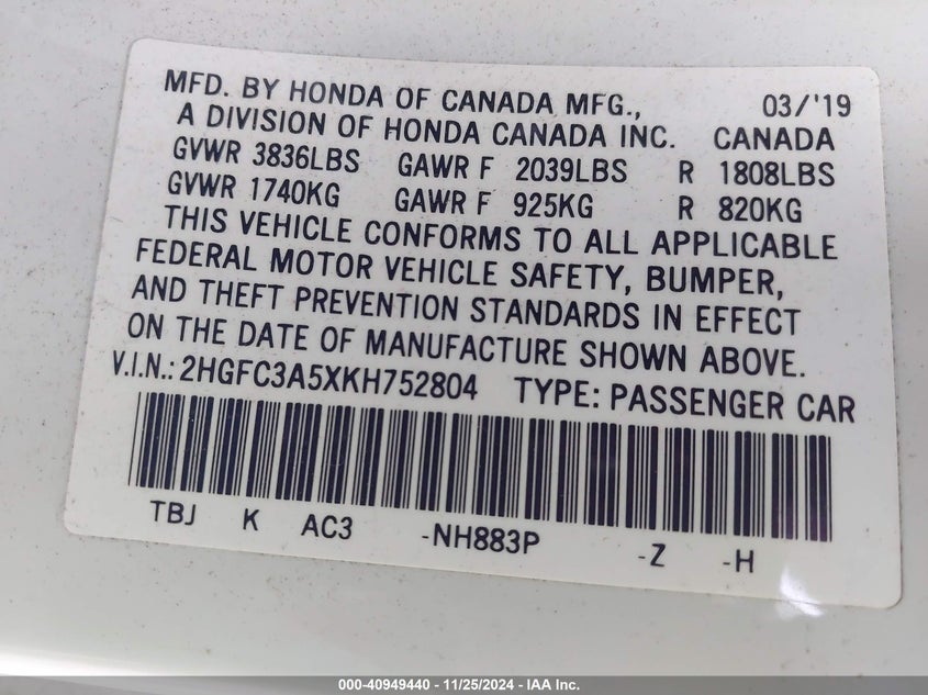 VIN 2HGFC3A5XKH752804 2019 HONDA CIVIC SI