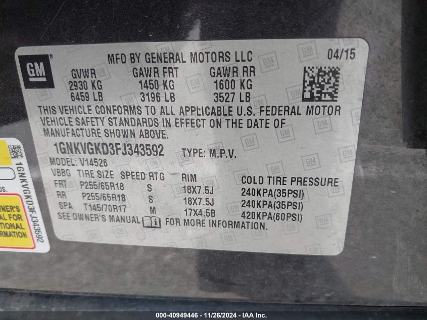 VIN 1GNKVGKD3FJ343592 2015 Chevrolet Traverse, 1LT no.9