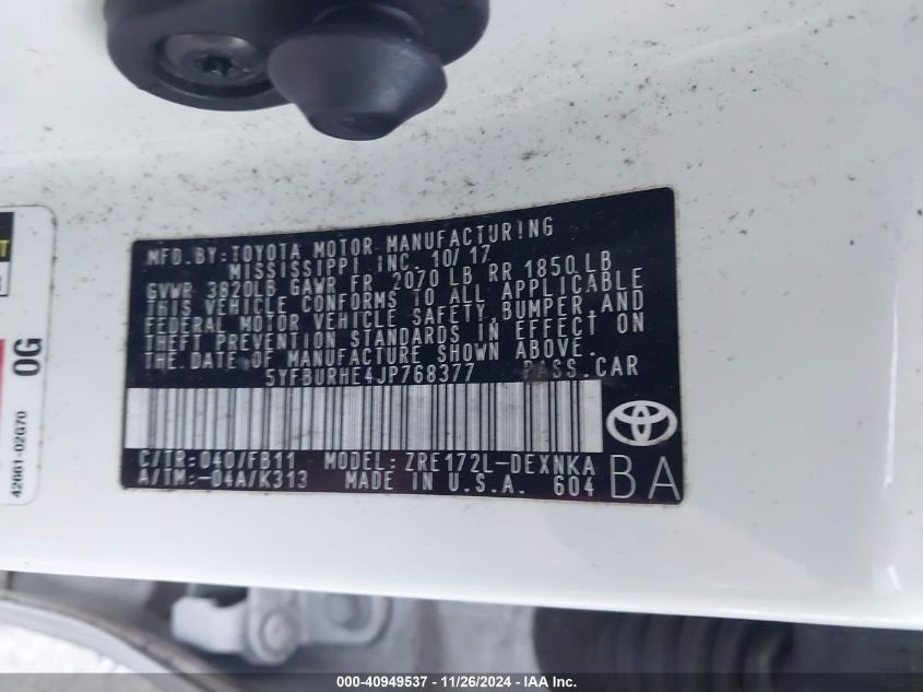 VIN 5YFBURHE4JP768377 2018 Toyota Corolla, LE no.9